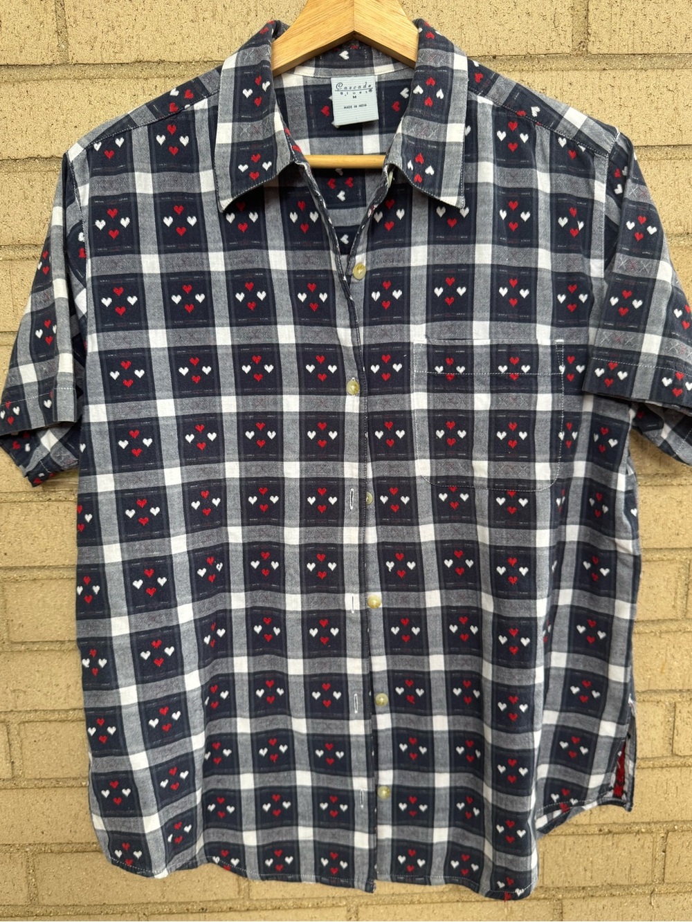 Vintage Heart Plaid Button Front Shirt Patriotic Americana Cottagecore Medium